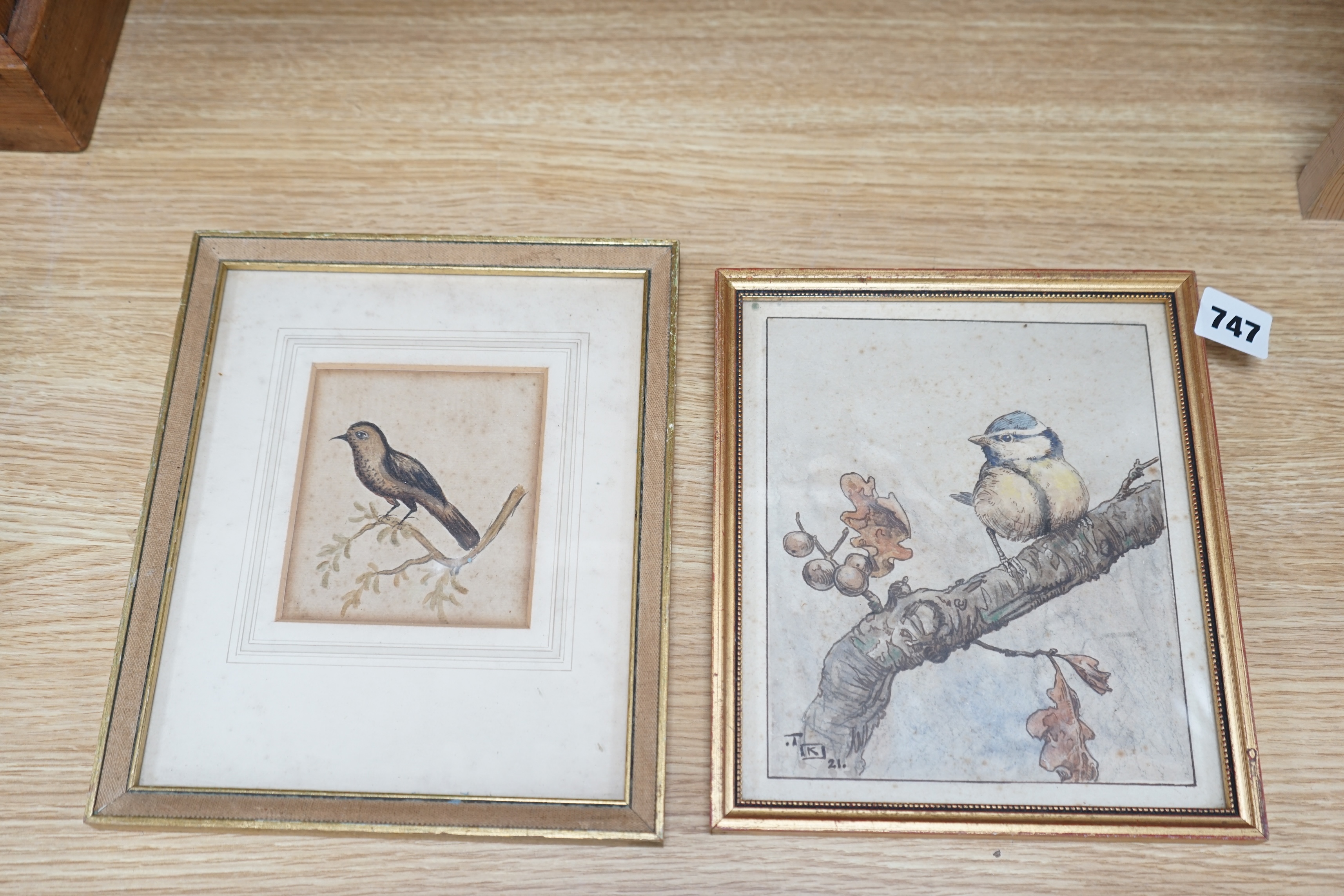 Talbot Kelly (1896-1971), watercolour, Birds on a branch, monogrammed and dated ‘21, together with a similar example, unsigned, largest 20 x 17cm. Condition - poor